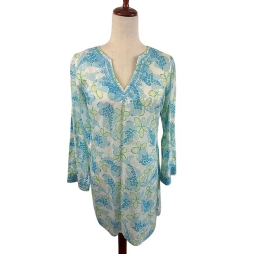 Lilly Pulitzer Floral Fish Print Cotton Tunic Top Cover Up Blue Green Size Small
